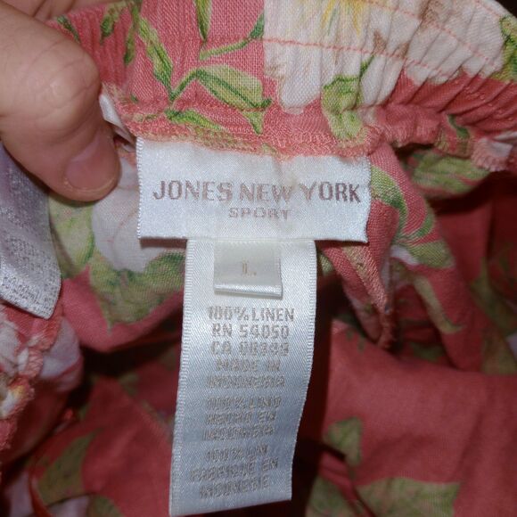 Jones NY Pant 100% Linen Sz Large Pink Floral Cropped Tropical Shappy Chic - Picture 5 of 5